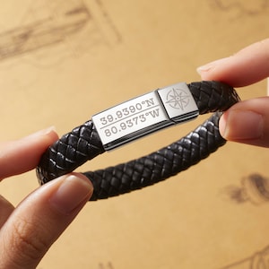 Men&#39;s GPS Coordinates Bracelet: Engraved Leather, Long Distance Gift