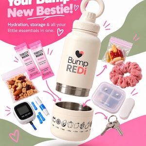May include: A cream-colored insulated bottle with a ring handle and the text Bump REDi. The base detaches to reveal a storage compartment featuring fruit and vegetable icons with week labels. Accessories include electrolyte packets, a snack bag, a pill case, a scrunchie, a glucose monitor, and keys.