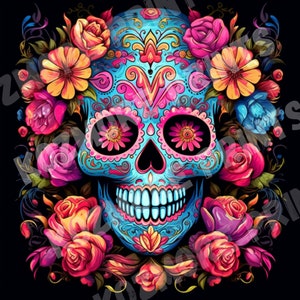 Sugar Skull Day of the Dead svg PNG - sublimation image colorée - fichier Image à téléchargement immédiat uniquement *** PAS TRANSPARENT fond noir ***
