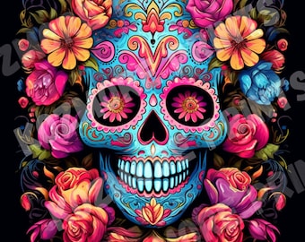 May include: A vibrant, digitally-created image of a sugar skull, a traditional symbol of Día de Muertos. The skull is turquoise with intricate pink and yellow floral patterns. It is surrounded by colorful roses and other flowers against a black background.
