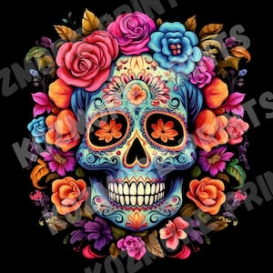 Impression numérique Sugar Skull Day of the Dead - Sublimation image colorée - POD Design - téléchargement immédiat *** Image uniquement ***