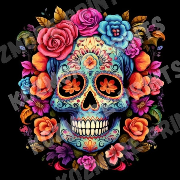 Sugar Skull Day of the Dead Digital Print - Colorful Sublimation Image - POD Design - Instant Download ***Image Only***