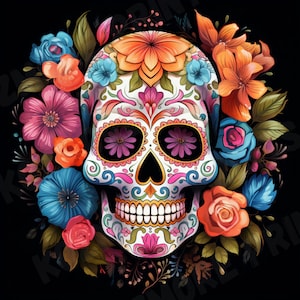 Calavera de azúcar Día de los muertos SVG PNG - Día de los Muertos, imagen de sublimación colorida, camiseta, diseño no transparente *** Solo archivo de imagen ***