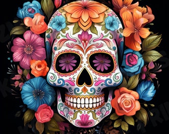 May include: A colorful sugar skull design with intricate floral patterns and vibrant colors. The skull is surrounded by an array of flowers in shades of orange, pink, blue, and purple, set against a black background. This artwork is perfect for Day of the Dead celebrations.