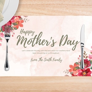 Mother&#39;s Day Red Flowers Digital Paper Placemat, Mother&#39;s Day Party Decor, Table Decorations, Disposable Placemats