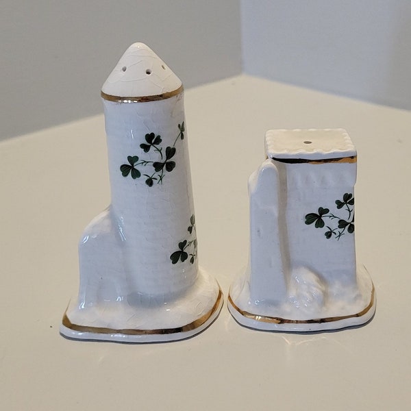 Vintage Ireland Carrigaline Pottery Salt and Pepper Shakers | Ceramic Shamrock & Castle Salt and Pepper Set