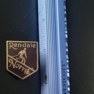 May include: A gold-coloured metal pin with a brown background. The pin features a skier in a ski pose with the words "Ren-dale" and "Norvik" in gold lettering.