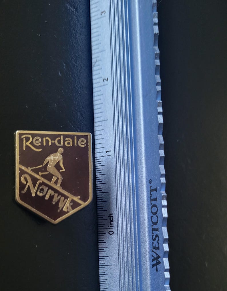 May include: A gold-coloured metal pin with a brown background. The pin features a skier in a ski pose with the words "Ren-dale" and "Norvik" in gold lettering.