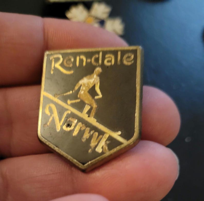 May include: A gold and black metal pin with the text "Ren-dale" and "Norvik" in gold lettering. A skier is depicted in the centre of the pin.