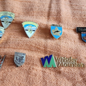 May include: A selection of ski resort badges and pins, with diverse designs and text. The pins include shield shapes, a skier, and the phrases "Think Snow" and "Whistler Mountain".