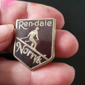 May include: A vintage metal pin with a brown background and gold lettering. The pin features a skier in silhouette and the text "Ren-dale Norvik".