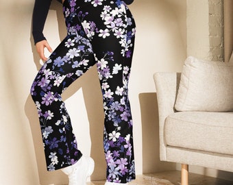 Women's Flare leggings, Black Flare Leggings with Purple and White Flowers, Legging Loungewear Pants