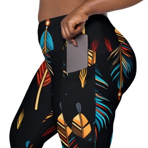 Women&#39;s Leggings with Pockets, Colorful Feather Design Yoga Leggings with Pockets for Women, Fitness and Lounging Leggings