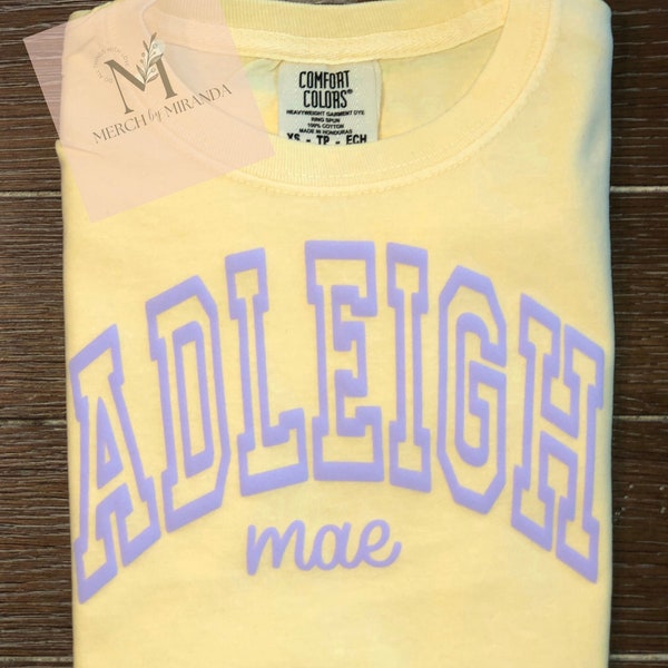 Personalized Girl Name Shirt - Custom Girl Tee - Puff Vinyl Name Shirt - Comfort Colors Shirt - Yellow and Purple - Summer Shirt