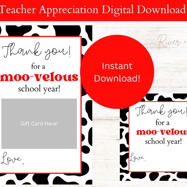 Descarga digital imprimible de Chick Fil A Teacher Appreciation, tarjeta de regalo, descarga de etiquetas, tarjeta de agradecimiento, regalo de maestro, descarga instantánea