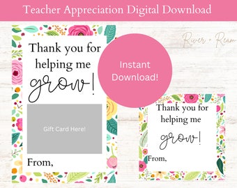 Printable Flower Digital Download, Gift Card, Tag download, thank you card, teacher appreciation gift, birthday, Instant Download, Floral