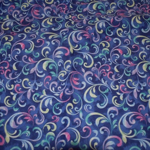 Multicolor Wisteria Swirl on Blue Cotton Fabric