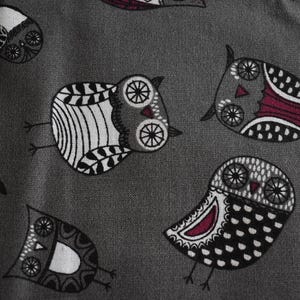 Artsy Owls on Gray Fabric