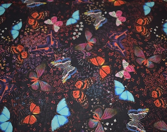 Multicolor Butterflies on Black Cotton Fabric