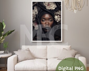 May include: A black and white portrait of a person with dark skin wearing a black head wrap with white flowers. The person is looking directly at the camera.