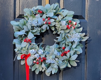 Winter Lambs Ear and Frosted Eucalyptus Wreath with Red Berries, Farmhouse Winter wreath