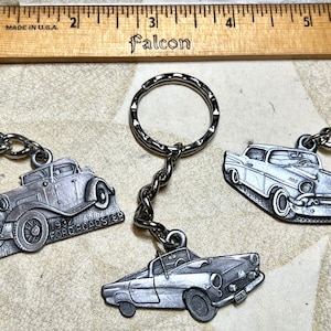 Automatic! Vintage Car Pewter Key Chains, NOS, 1980-90s Made in USA-Key Flair: Ford, Corvette, Chevy - Corral your keys with Retro Magic!