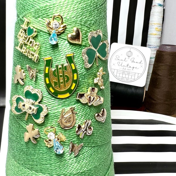 Luck O’ the Irish! Vintage + NOS metal+enamel Irish Shamrock St. Patrick’s themed pins 1980s-90s - get your bare minimum 15 pieces of flair!