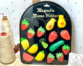 Fridge Flair! Tiny Fruit + Produce magnets from 1970s-80s: strawberry, banana, pineapple, grape +++! Hold up your mementos with retro magic!