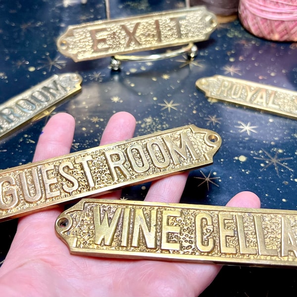 Retro Door Flair! Solid brass vintage nautical door placards FIVE options!  Wine Cellar, Guest Room, Play Room, Royal Suite or Exit!