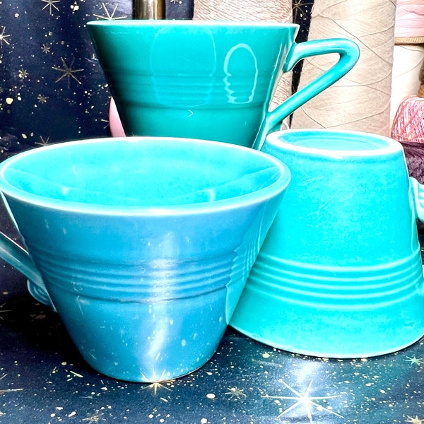 Vintage Fiestaware Harlequin Tea Cups in Blue + Spruce Green, 1930-1960s, Art Deco,  MCM, Made in USA - retro perfect tea/coffee/planter!