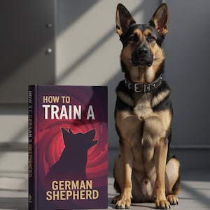 Puede incluir: Un perro pastor alemán está sentado junto a un libro titulado "How to Train a German Shepherd". La portada del libro es de color púrpura oscuro con texto rojo y blanco y una silueta de perro. El perro tiene pelaje negro y marrón y un collar negro.