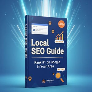 May include: A navy blue book titled "Local SEO Guide" with white text and orange accents. The cover features a Google search window graphic, a rising graph, and a magnifying glass icon. The book promises to help readers rank #1 on Google.
