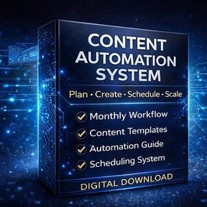 Può includere: Una scatola per il download digitale con le parole "CONTENT AUTOMATION SYSTEM" in testo bianco. La scatola elenca anche "Plan, Create, Schedule, Scale" e presenta segni di spunta per "Monthly Workflow", "Content Templates", "Automation Guide" e "Scheduling System".