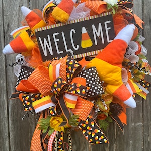 Candy Corn wreath for front door, Halloween candy decorations, Halloween party decorations, fall front door wreath, seasonal decor