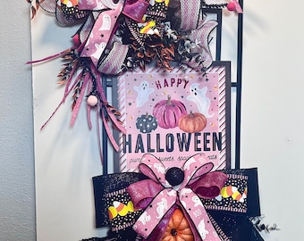 Pink Halloween Wreath: Ghost Decor, Unique Front Door Decor