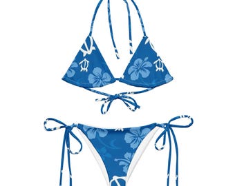 Blue Hawaiian Floral Hibiscus and Sea Turtles Pattern All-Over Print String 2 Piece Bikini