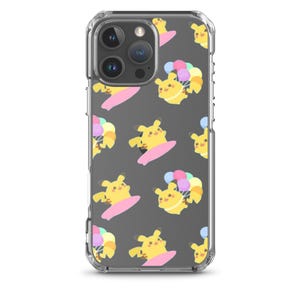 May include: Clear phone case with a pattern of yellow Pikachu characters surfing and holding balloons on a gray background.