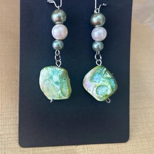 Light  Green White  Triple Pearl Earrings Green White Seashell Holiday Earrings