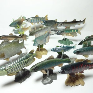May include: A selection of fish models, each displayed on a clear or green plastic stand. The fish are painted in realistic colours, including green, blue, silver, and red. Some have detailed scales and fins, and are arranged on a white surface.