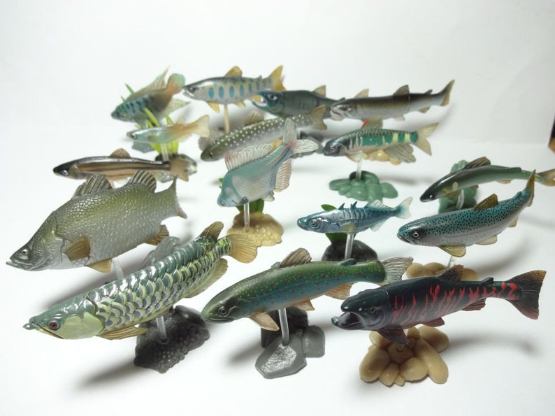 May include: A selection of fish models, each displayed on a clear or green plastic stand. The fish are painted in realistic colours, including green, blue, silver, and red. Some have detailed scales and fins, and are arranged on a white surface.