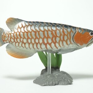 May include: A detailed fish figurine in silver and orange. The fish has orange fins and head, with a silver body featuring an orange scale pattern. It is mounted on a clear stand with green plastic plants and a grey base.
