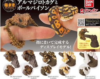 Könnte beinhalten: Werbebild mit einer Sammlung von Miniatur-Reptilienfiguren, darunter ein Gürteltier-Eidechse und verschiedene Königspythons. Die Figuren sind so konzipiert, dass sie sich um einen Finger wickeln lassen, wobei mehrere auf einer Hand dargestellt werden. Der Text "指まきコレクション" und "ディスプレイモデル!" ist ebenfalls enthalten.