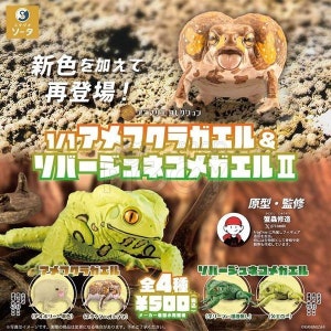 Puede incluir: Imagen promocional de una colección de figuras de ranas. La imagen presenta una figura de rana detallada con la lengua fuera y una figura de rana verde. El texto en japonés incluye "¡Nuevos colores añadidos!" y "Los 4 tipos, ¥500."