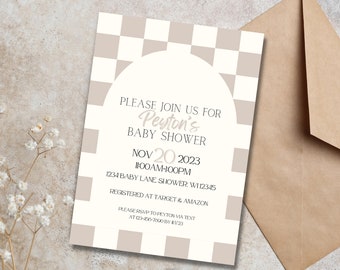 Neutral Checkered Baby Shower Invitation [Editable]