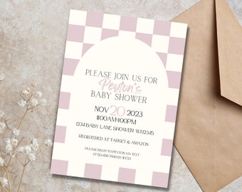 Pink Checkered Baby Shower Invitation [Editable]
