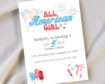 All American Girl Birthday Invitation Digital Download [Editable]