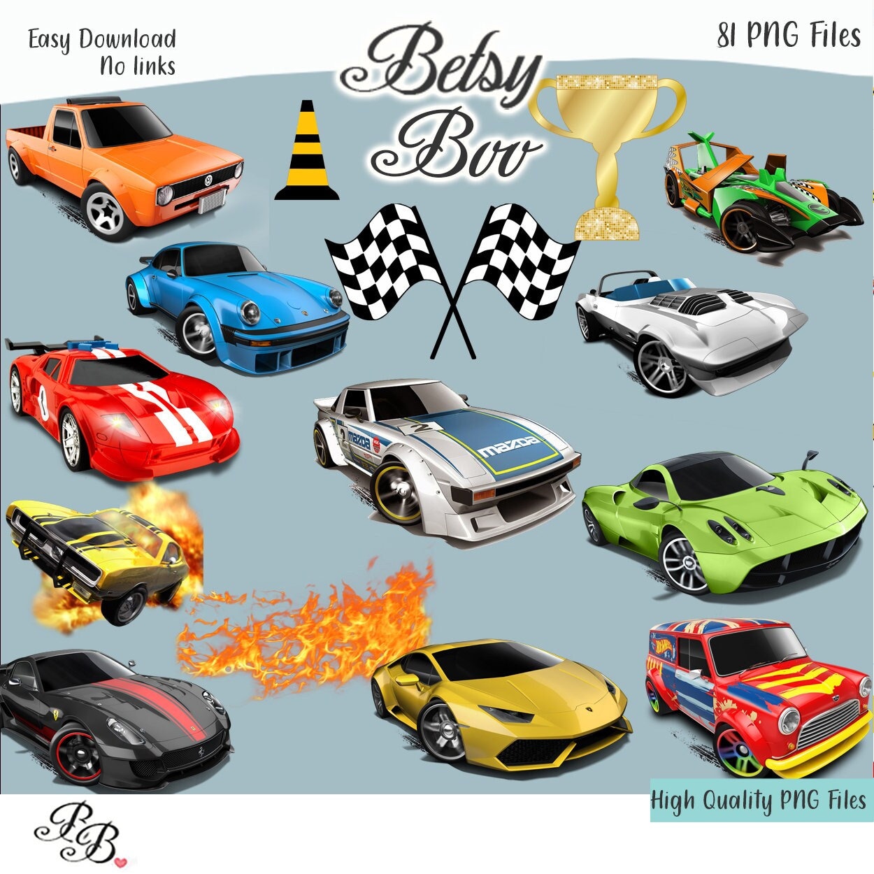 Race Cars Clipart PNG Digital Image Clip Art INSTANT DOWNLOAD Printable