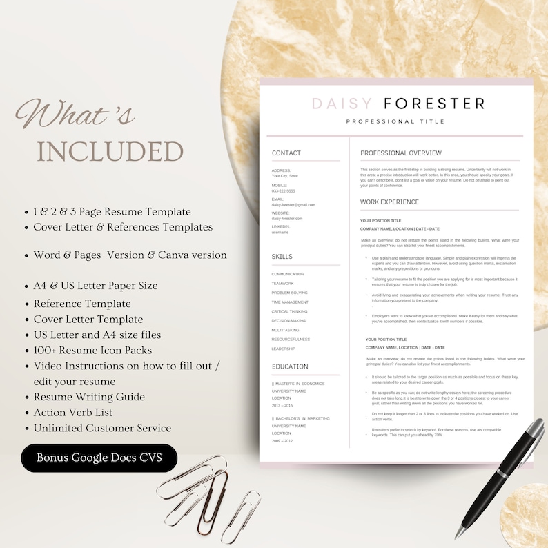 Professional Resume Template for Google Docs , Word & Pages Clean CV Template , Resume and Cover Letter Template image 2
