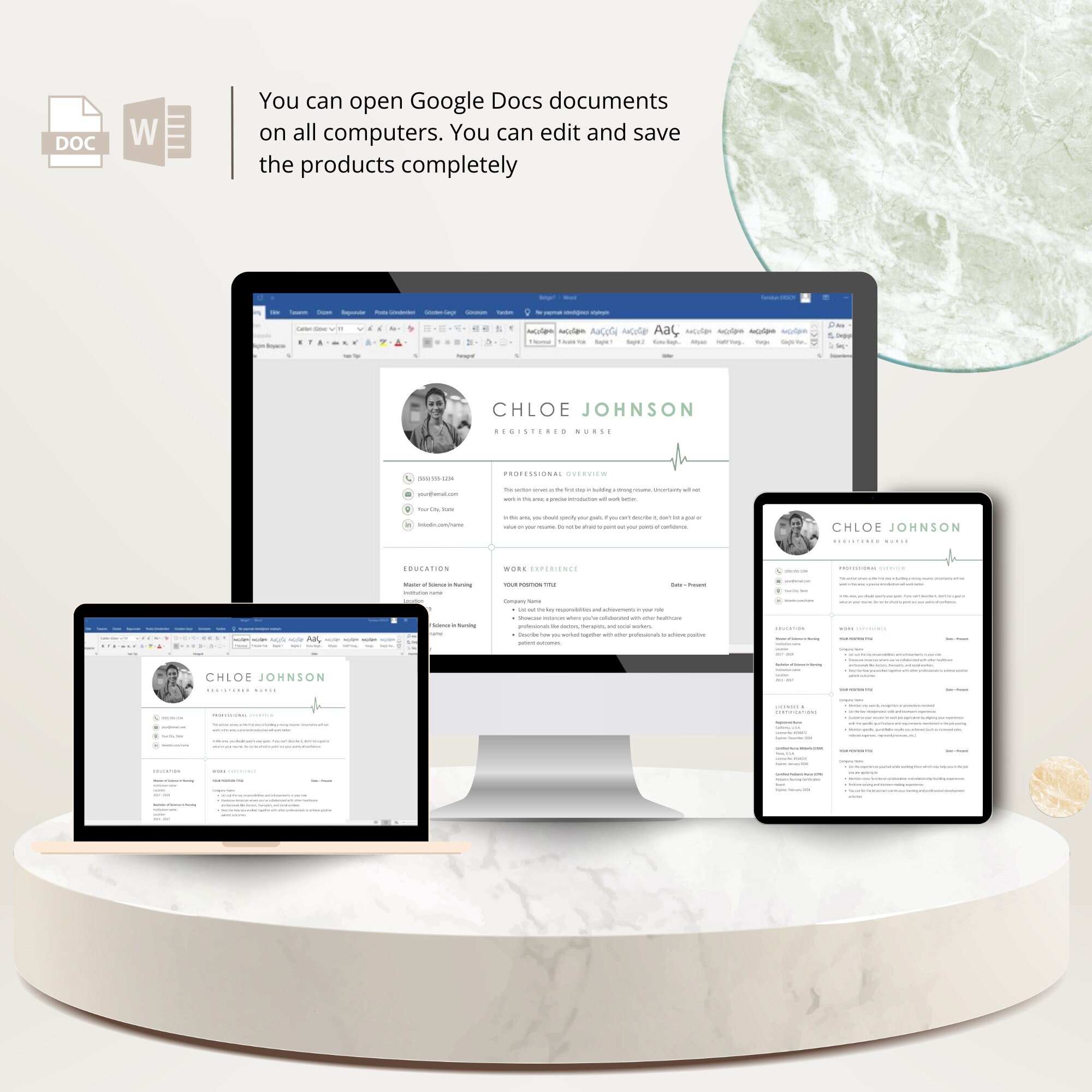 Nursing Resume Google Docs Template for Word & Pages Clean CV Template ...