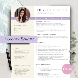 Sorority  Resume Template, Canva,Sorority Recruitment Cover Letter, Rush Resume Template , Editable Rush Kit
